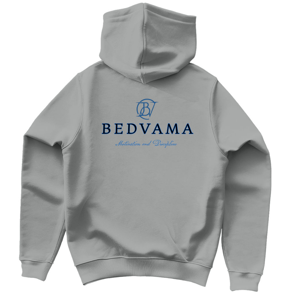 Grauer Hoodie mit Markenname und Markenlogo als Print