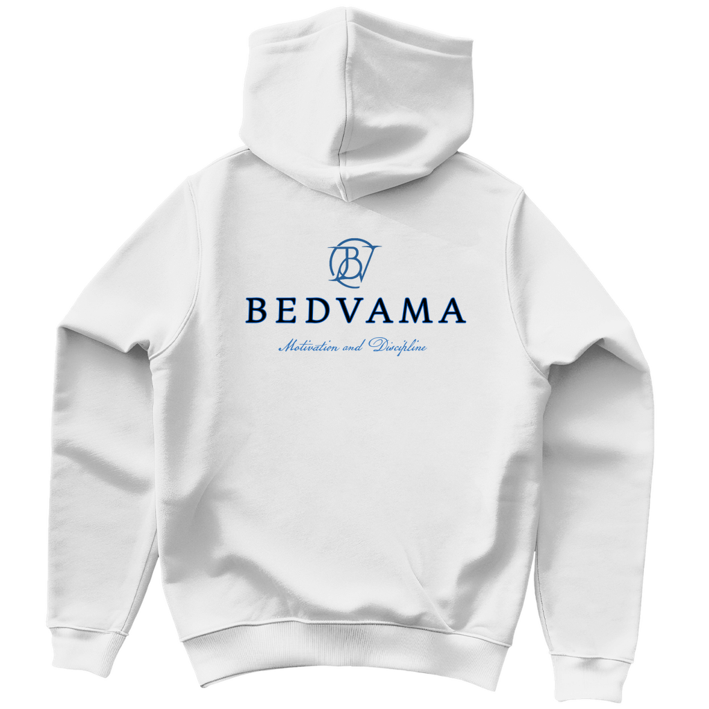 Weißer Hoodie mit Markenname und Markenlogo