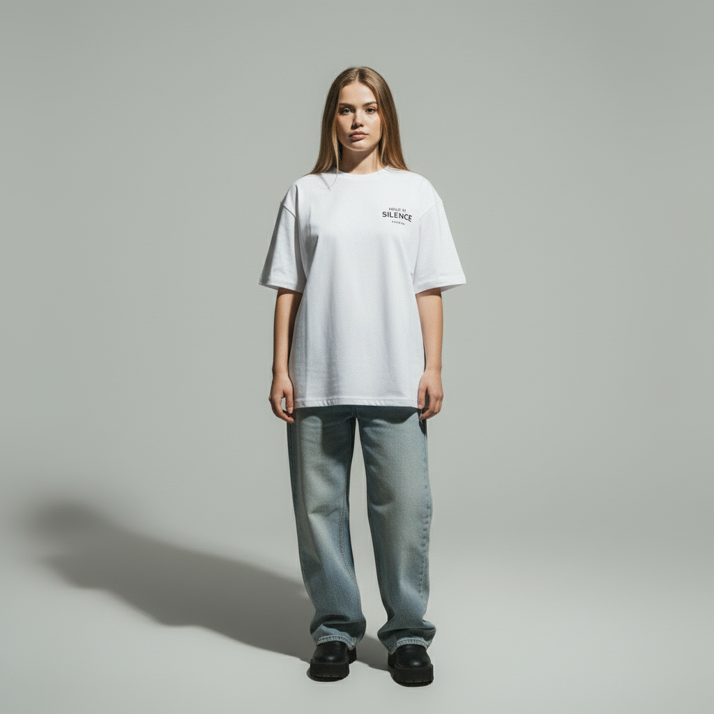 model trägt move in silence oversize tshirt in weiß