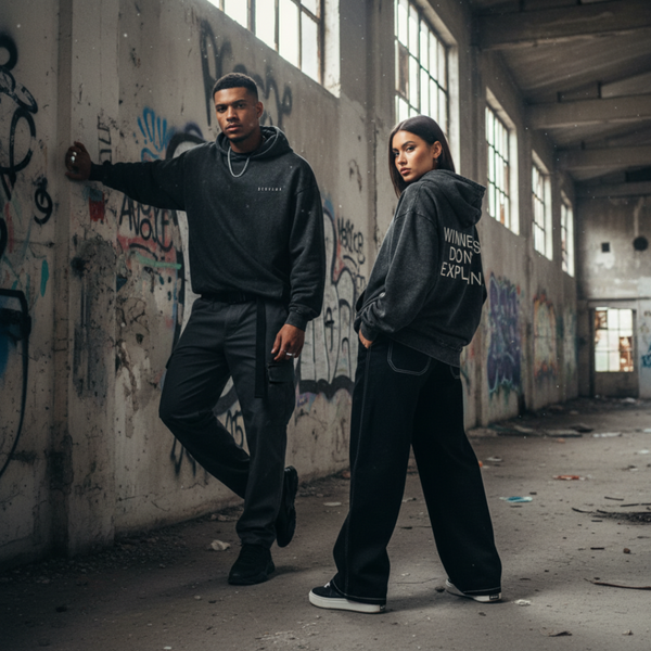 Grauer Oversized Hoodie für Damen und Herren im urbanen Streetwear Look mit Statement „Winners don’t explain“ in Industriehalle mit Graffiti.