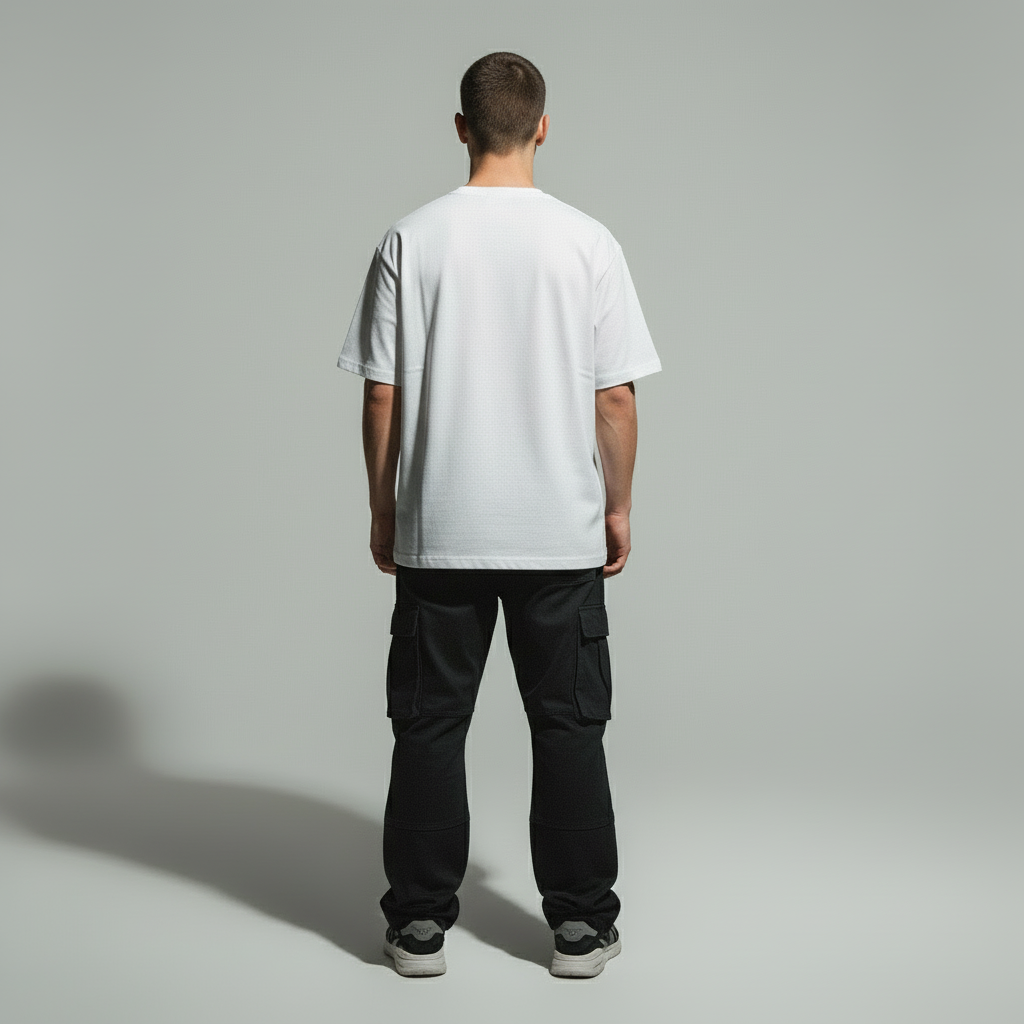 model von hinten im weissen tshirt