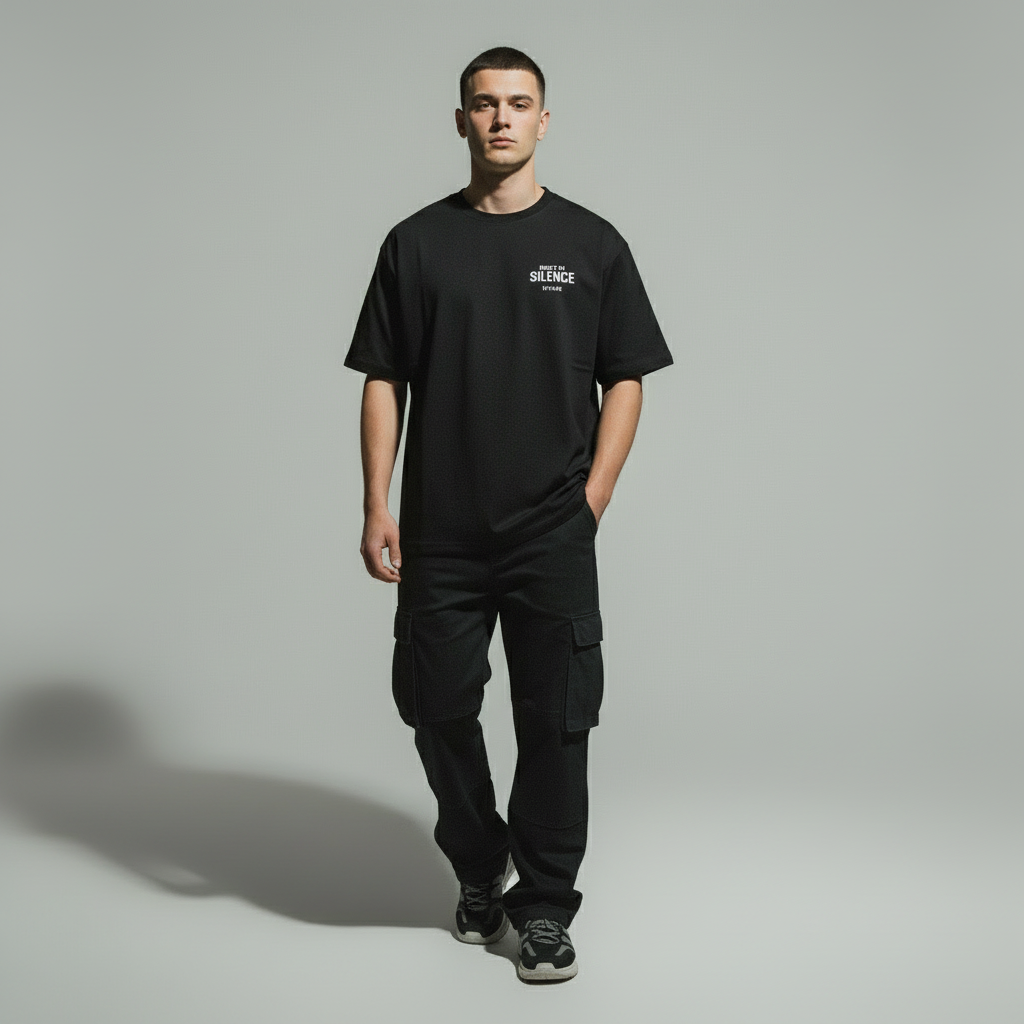 model traegt built in silence tshirt von vorne